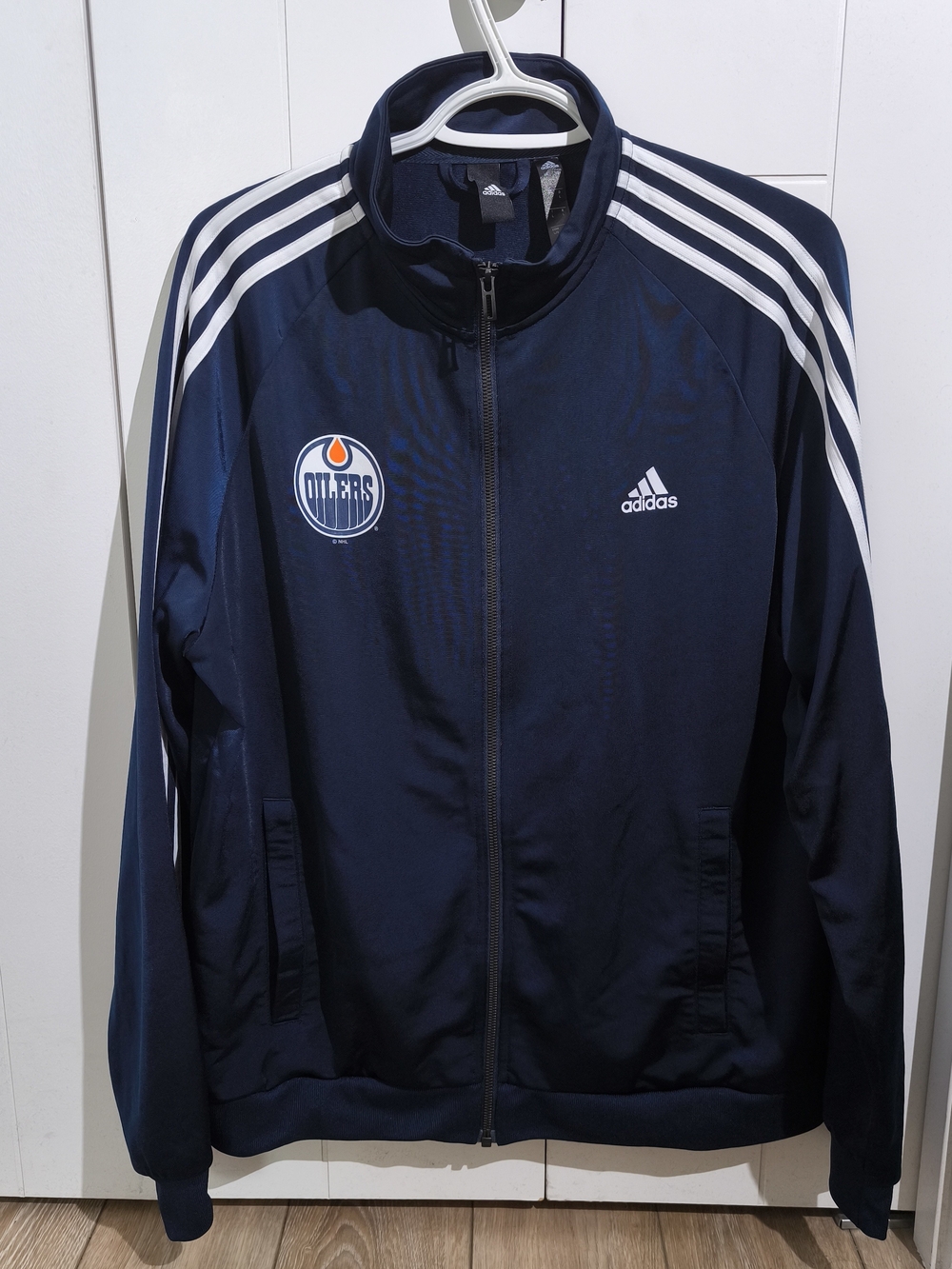 adidas Navy Blue Edmonton Oilers Track Jacket with White Stripes